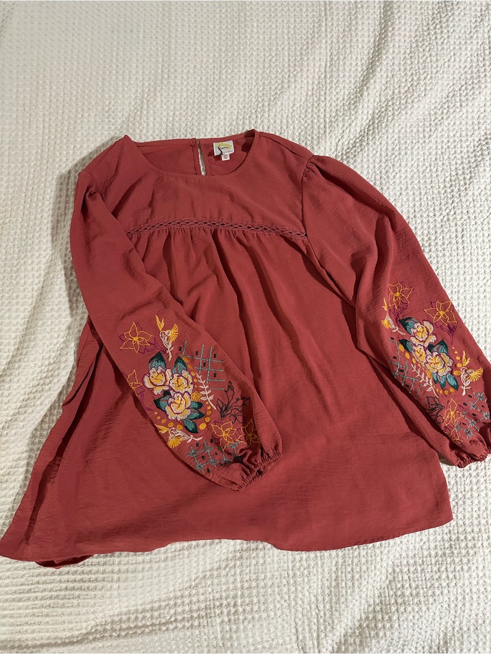 fig and flower Rust Embroidered Peasant Tunic